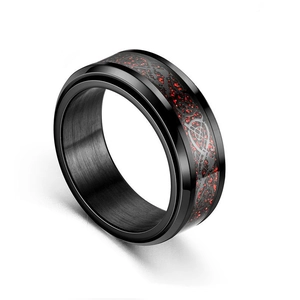 Heren spinner ring van zwart titanium staal met rode keltische draak inleg en glans