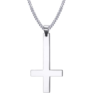 Collier vintage argenté avec pendentif croix inversée pour homme et chaîne polie cubaine
