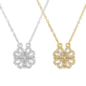 Collana a quadrifoglio pieghevole in oro e argento con pavé di zirconi bianchi