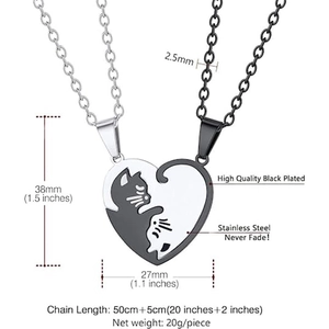Matching cat heart puzzle necklaces in black and silver stainless steel set for couples