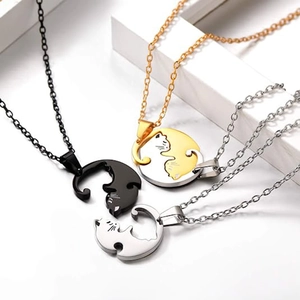 Cat puzzle pendant necklaces in black gold and silver for couples and best friends