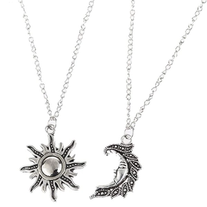 Vintage sun and moon pendant necklaces in antique silver finish for friends or couples