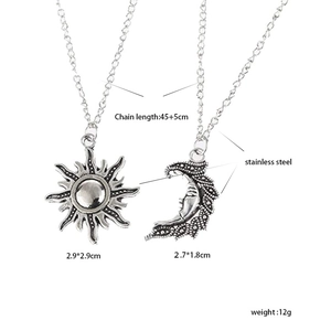 Retro stainless steel sun and moon pendant necklace set with dimensional specifications