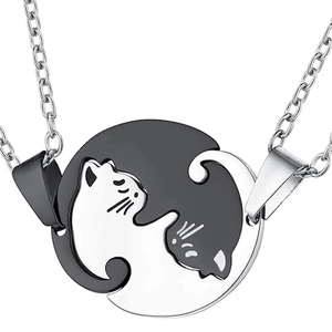 Cat puzzle couple pendant necklaces in black and white stainless steel for lovers