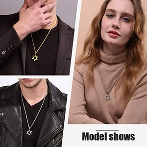 Vista divisa in tre di modelli maschili e femminili che indossano ciondoli oro e argento