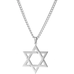 Collana con pendente a stella esagramma in acciaio inossidabile argento lucido su sfondo bianco
