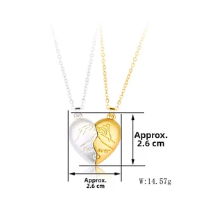 Magnetic heart pendant necklace set for couples with Forever engraving and hand relief