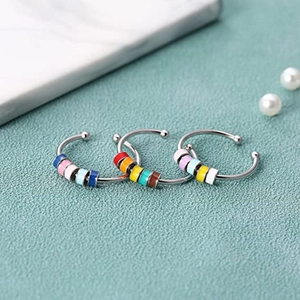 Anillos giratorios ajustables de plata con cuentas esmaltadas para aliviar la ansiedad