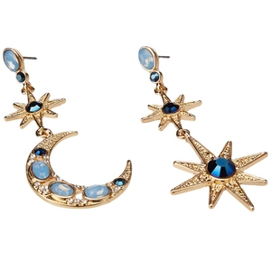 Elegant asymmetrical gold star and moon drop earrings with blue gemstones for women
