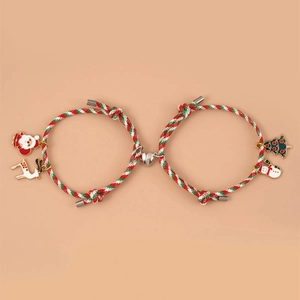 Pulseras navideñas magnéticas para parejas con Papá Noel y colgantes de corazón