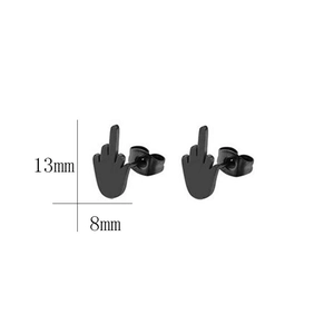 Punk black stainless steel middle finger stud earring with dimensions 13mm by 8mm