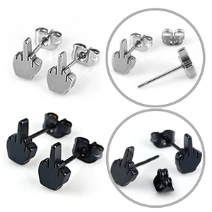 Punk stainless steel middle finger stud earrings set in silver and black polished finish