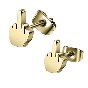 Macro view of gold stainless steel middle finger gesture earrings with butterfly backs