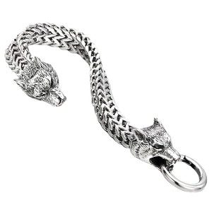Pulsera de cadena de acero inoxidable con doble cabeza de lobo vikingo estilo vintage