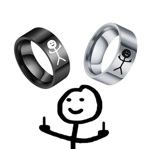 Doodle stickman ring van titaniumstaal met grappig middelvinger gebaar in zwart en zilver metaal