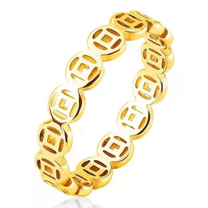Detail view of 18k gold plated stainless steel ring with Chinese coin pattern