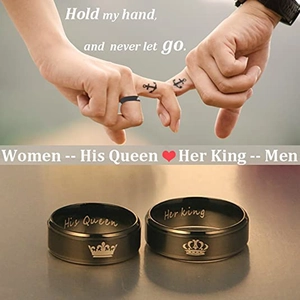 Matte schwarze Edelstahl-Paarringe mit Her King und His Queen Kronengravuren