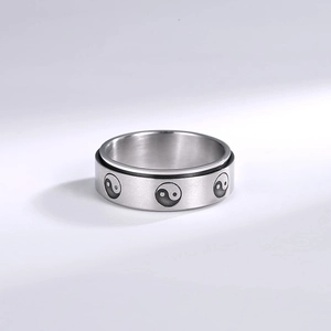 8mm spinner ring for men with black and white yin yang pattern in brushed steel finish