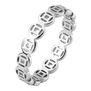 Polished silver stainless steel ring with traditional Chinese lucky coin link pattern