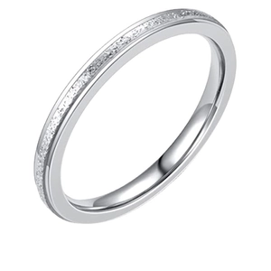 Bague en acier inoxydable argenté avec bande centrale givrée et bords polis miroirs
