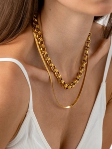 Detailed view of layered 18k gold plated double-strand herringbone and rolo chain necklace