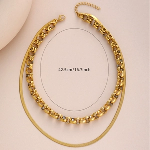 Double-layered 18k gold plated snake chain and cable link necklace, length 42.5cm