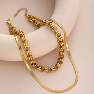 Double-layered 18k gold plated herringbone snake chain and interlocking circle necklace