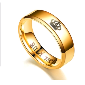 Golden stainless steel Her King ring with engraved crown icon for couples jewelry