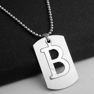Unisex silver stainless steel rectangular pendant necklace with hollow letter B design