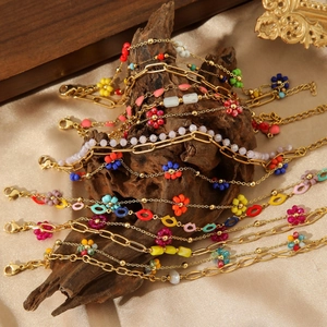 Bohemian double-layer 18K gold plated stainless steel bracelet with colorful stones