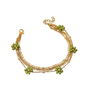 Layered gold chain bracelet with green flower beads and adjustable lobster clasp closure