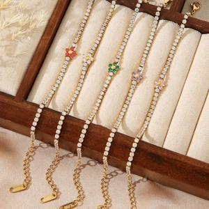 Gold Plated Stainless Steel Flower Tennis Bracelet For Women Cubic Zirconia Inlaid Adjustable Floral Link Bracelet Jewelry Gift