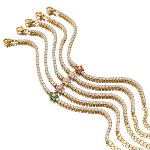 Five gold flower tennis bracelets with colorful zircon stones and adjustable lobster clasp