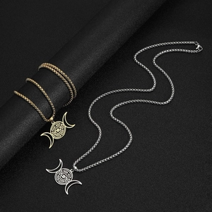 Drievoudige Maan Hecate Wiel Hanger Halsketting Roestvrij Staal 18K Verguld Mystiek Gotisch Symbool Sieraden Voor Vrouwen Mannen Box Ketting