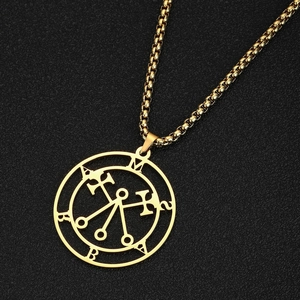 Golden Marbas seal stainless steel necklace with mystical symbols on black background
