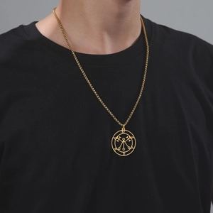 Gold stainless steel box chain necklace with circular Marbas sigil pendant on model