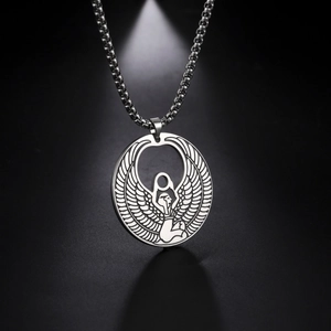 Vintage Edelstahl Ägyptische Göttin Isis Flügel Anhänger Halskette Für Herren Damen Unisex Silberton Schmuck 60cm Kette