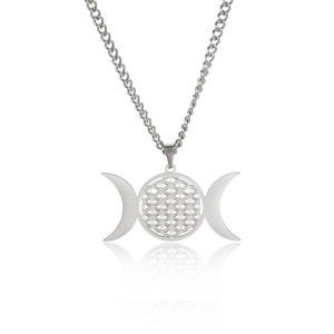 Elegante collar de acero inoxidable con colgante de triple diosa luna y flor de la vida