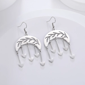 Elegant stainless steel earrings with crescent leaves and long heart tassels