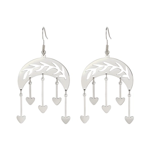 Silver stainless steel moon and leaf earrings with dangling heart fringe pendants