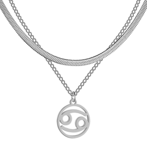 Détail du collier argenté double épaisseur avec pendentif Cancer et chaîne serpent