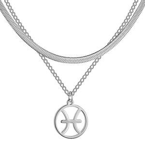 Vue détaillée du collier double rang en acier argenté avec pendentif signe des Poissons