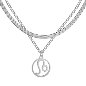 Détail du collier double couche en acier inoxydable argenté avec pendentif Lion