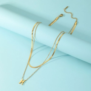 Gold stainless steel double-layer necklace with Pisces zodiac pendant on snake and link chains