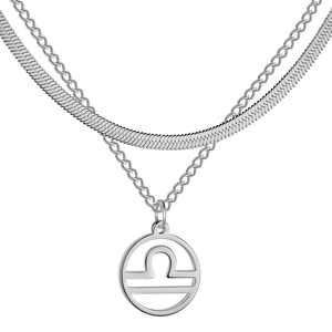 Collier double couche argenté avec pendentif signe Balance et maille serpent plate