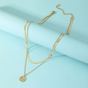 Double-layer gold stainless steel necklace with Cancer zodiac pendant and snake chain