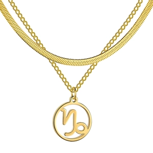 Double-layered gold stainless steel necklace featuring flat snake chain and Capricorn pendant