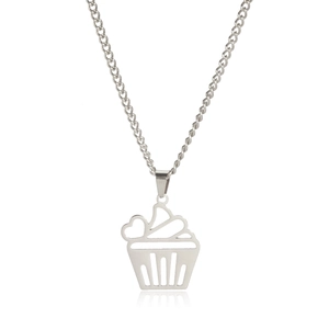 Silver stainless steel necklace featuring a cute hollow cupcake pendant with heart detail