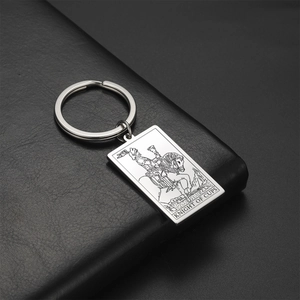 Stainless steel Tarot Knight of Cups rectangle pendant keychain on black leather