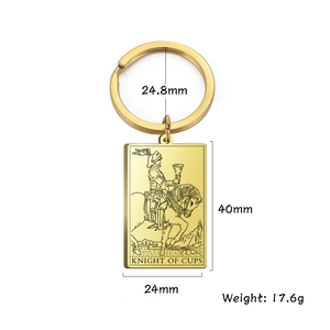 Detailed view of golden Knight of Cups tarot card keychain with size and weight specs